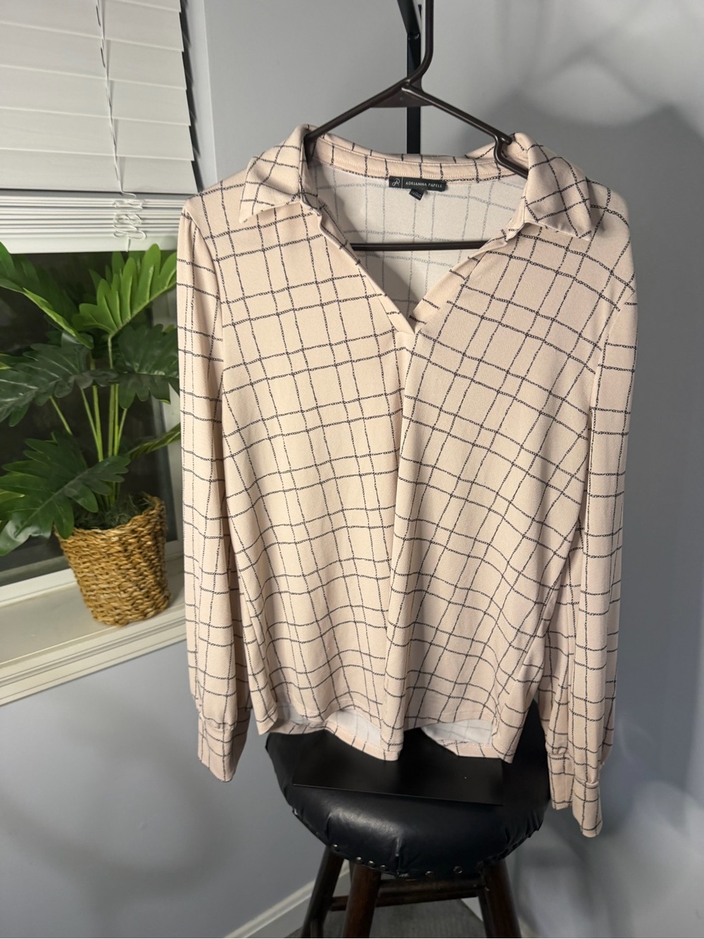 Adrianna Papell Beige Windowpane Collared Button-Down